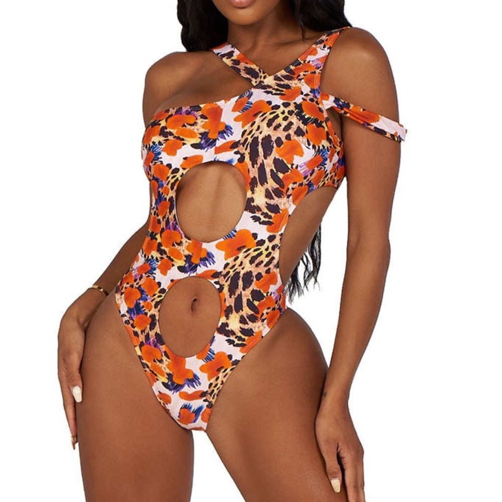 Orange Multi-print Monokini Swimsuit